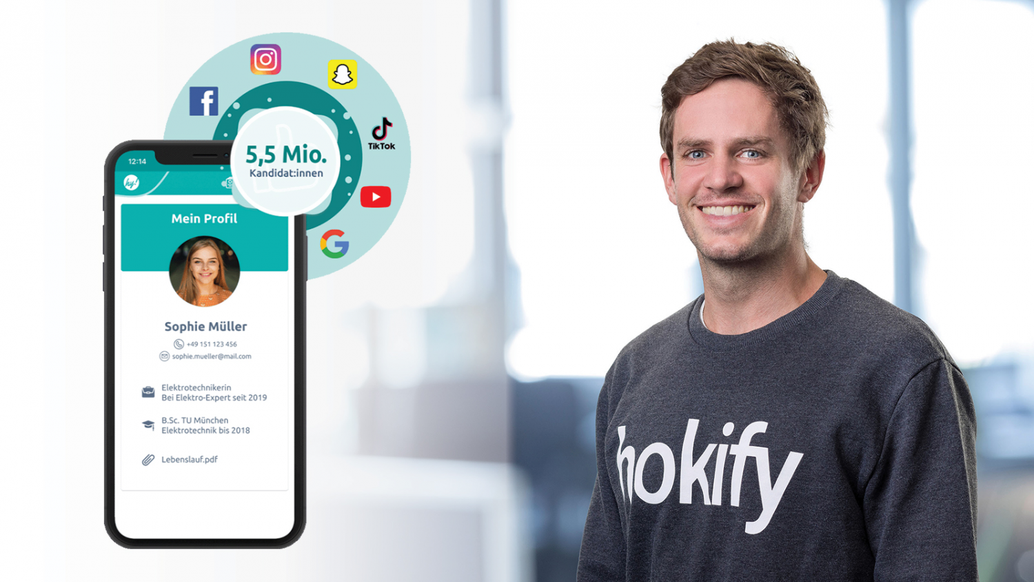 Darstellung eines iPhones mit der hokify Job-Plattform und dem CEO Daniel Laiminger