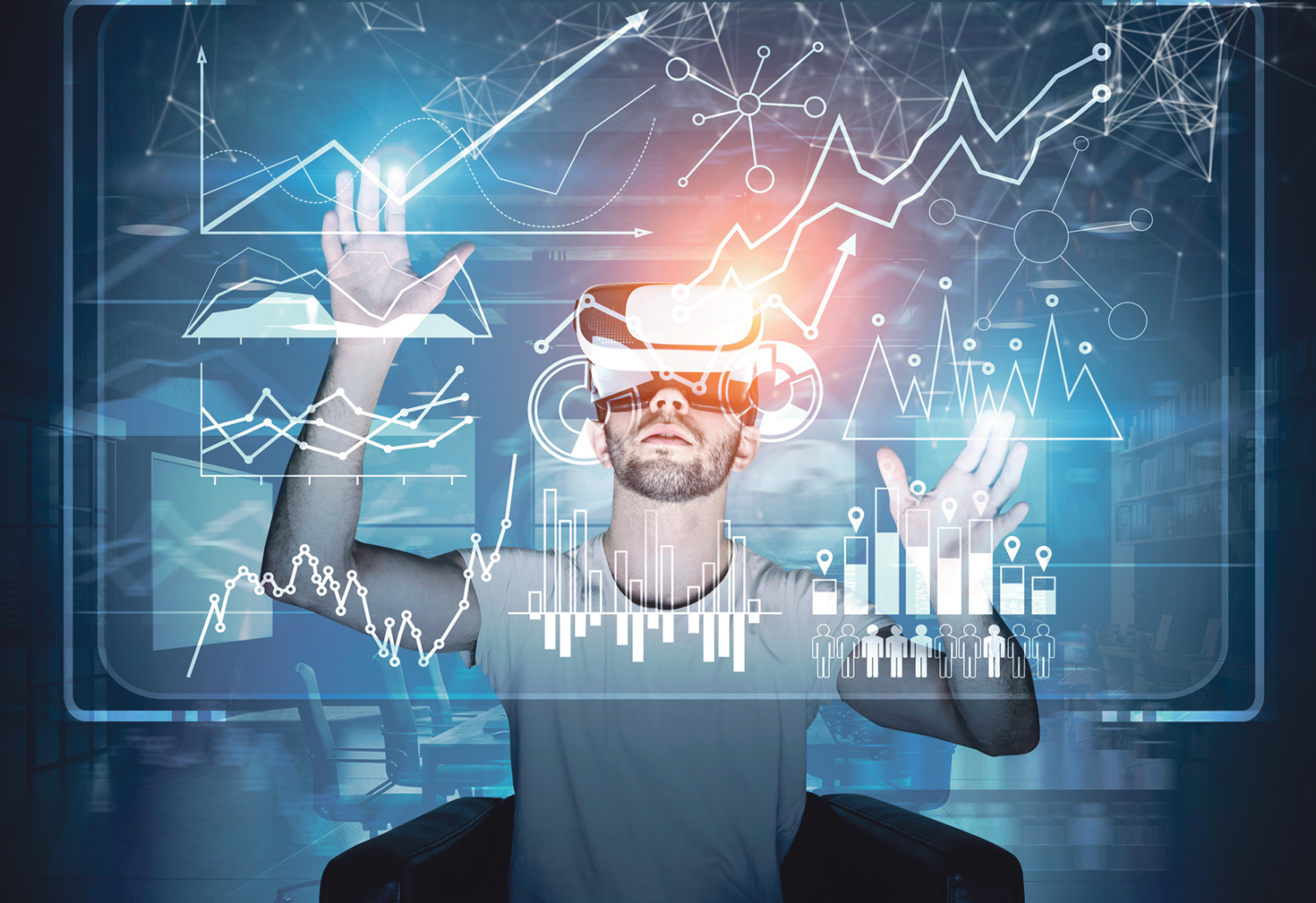 Eine Person mit aufgesetzter VR-Brille schaut sich Statistiken an.